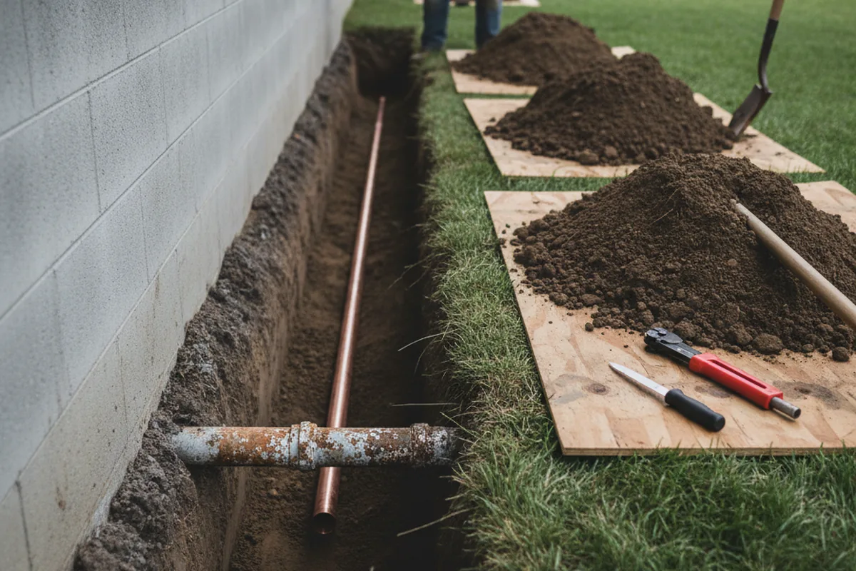 Excavated water line trench during Water Heater Repair in Blountsville